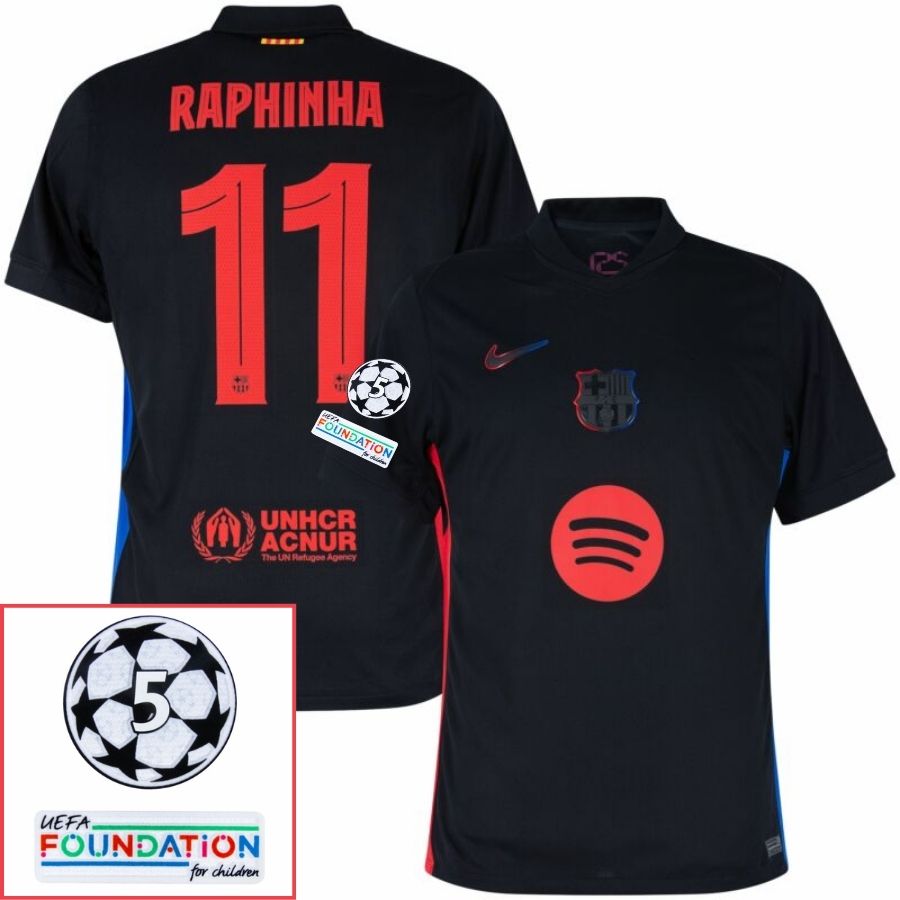 BRINDE-2025-03-05T154920.678 Barcelona Raphinha 11 Away Fan Jersey 2024/25 Patches UCL UEFA Foundation (Official Printing) - Image 1