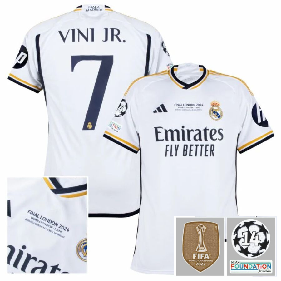 BRINDE_2_e001a35a-d976-4753-8420-9a8567aeeee5 Real Madrid Home Fan Jersey 2023/24 Vini Jr. 7 Patch FIFA WCC Patch UCL UEFA Foundation Patches - Image 1
